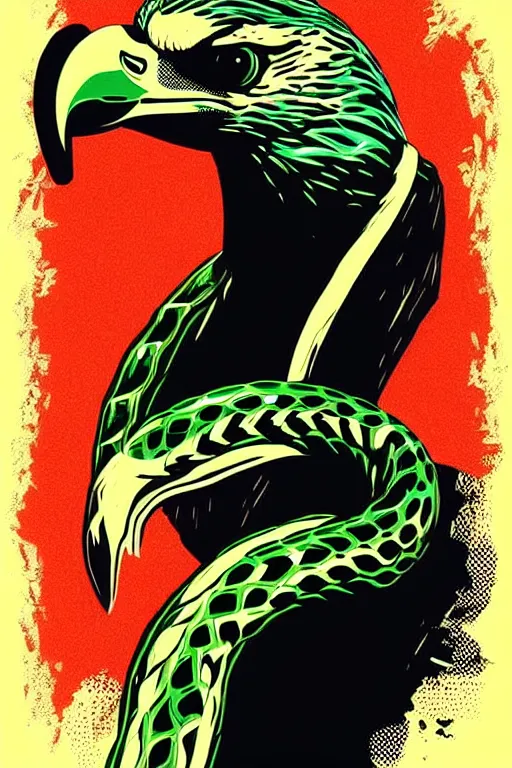 Image similar to eagle eat snake. pop art, pixel, bioshock art style, face features, body features, ultra realistic art, digital painting, concept art, smooth, sharp focus, illustration, intricate, without duplication, elegant, confident posse, art by artgerm and richard hamilton and mimmo rottela, kirokaze and paul robertson