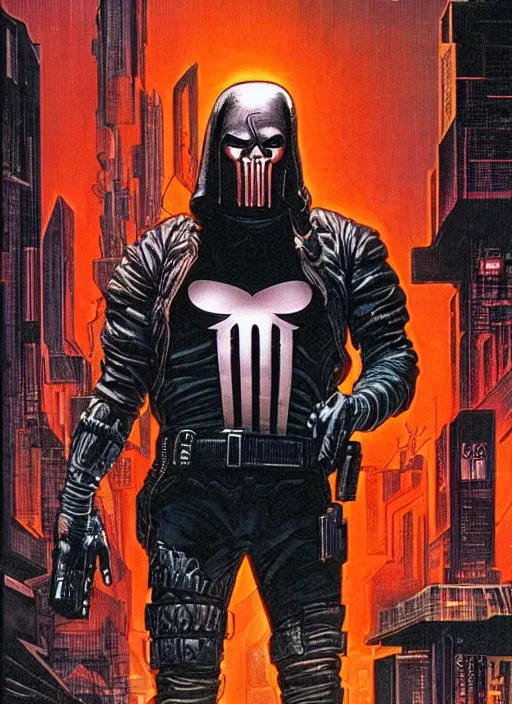 Image similar to cyberpunk the punisher. portrait by clyde caldwell and jean giraud and will eisner and gil elvgren