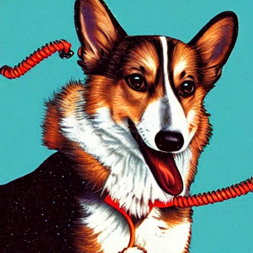 Image similar to corgi dog with a old telephone in his ear by ron walotsky