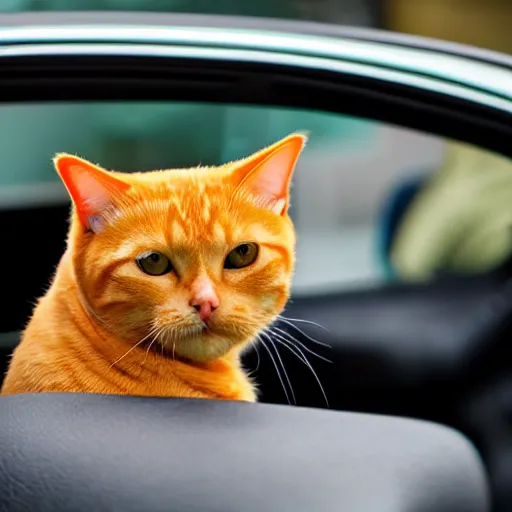 Image similar to an orange tabby cat driving a car