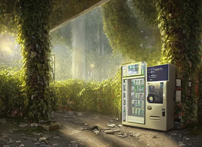 Prompt: vending machine in an abandoned shopping mall, big trees, overgrown by flower, vines, at night, rays of moonlight, full moon, hyperrealistic, highly detailed, oil painting, intricate, cgsociety, artstation, 8 k, cinematic, soft lighting, by greg rutkowski, by wlop, by artgerm