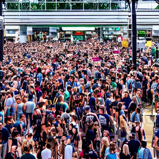 Image similar to zoomed out view of a crowd standing in line that goes on forever, modelsociety, radiant skin, huge anime eyes, rtx on, perfect face, directed gaze, sony a 7 r iv, symmetric balance, polarizing filter, photolab, lightroom, 4 k, dolby vision, photography award