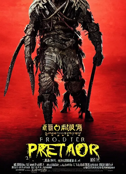 Image similar to movie poster for predator film shot in feudal japan staring hiroyuki sanada as a disgraced ronin, who hunts down the predator after he fails to protect his master from it