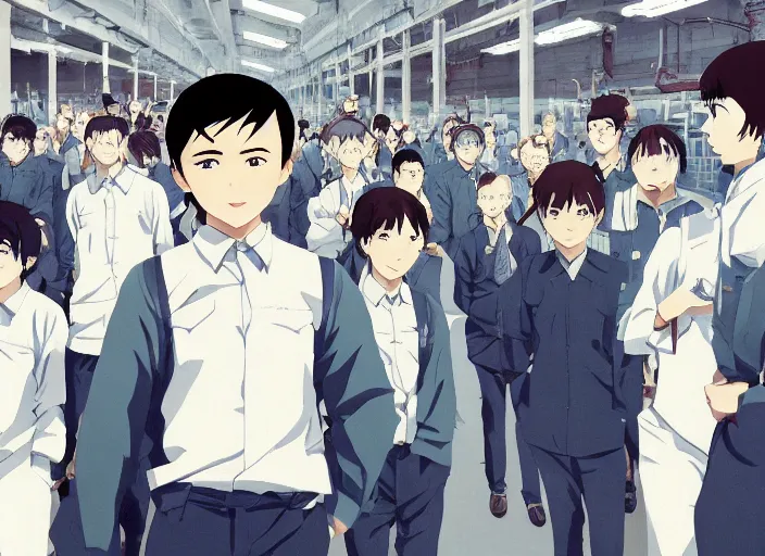 Image similar to anime visual, portrait of a young lenin in metal factory interior meeting with workers, cute face by ilya kuvshinov, yoshinari yoh, makoto shinkai, katsura masakazu, moody, dynamic perspective pose, detailed facial features, cel shade