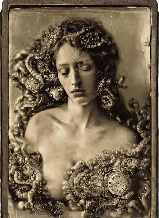 Image similar to old wetplate daguerreotype portrait of birth of venus, explosion of data fragments, fractal, intricate, elegant, highly detailed, parallax, leica, medium format, subsurface scattering, portrait, elegant, highly detailed, matte painting, by stanley spencer