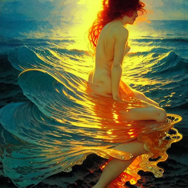 Image similar to ocean waves of glossy liquid psychedelic honey drops flowing like translucent amber, lsd waves, lsd ripples, backlit, sunset, refracted lighting, art by collier, albert aublet, krenz cushart, artem demura, alphonse mucha