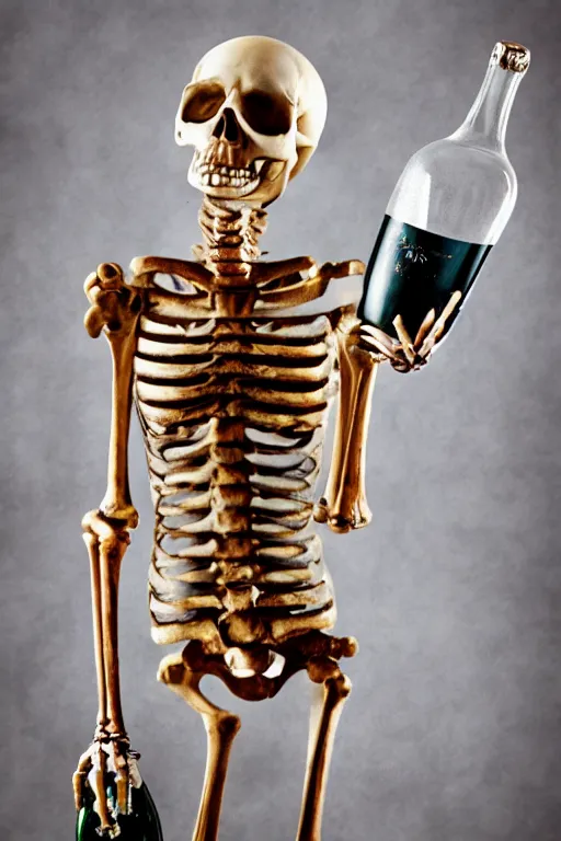 Image similar to a lady skeleton holding a bottle of champagne, high resolution film still, hdr color