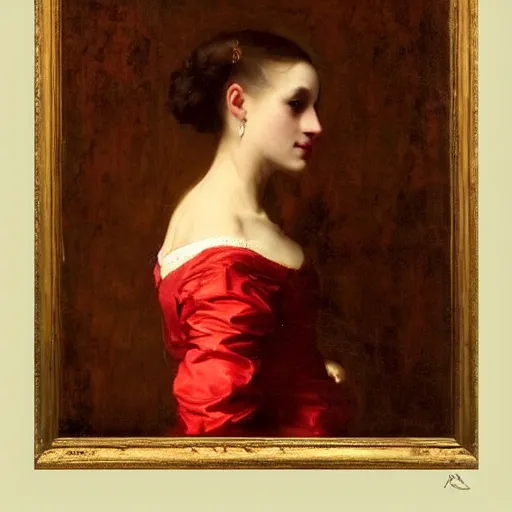 Prompt: sublime portrait of a woman in a red satin dress, very pale, graceful, Vermeer, Bouguereau, Van Dyck, Ingres, Rubens, Carolus-Duran, strong dramatic cinematic lighting, 17th-century, extremely detailed, dark background