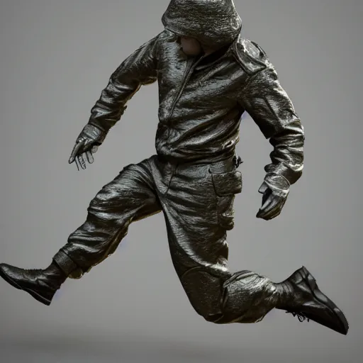 Image similar to 3 d render melted military soldier running sculpture, chrometype, liquid metal, neotribal, raytraced, volumetric lightning, 8 k by wlop, innate studio h - 1 0 0 0 w - 1 0 0 0