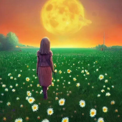 Image similar to giant daisy flower as a head, girl walking in flower field, surreal photography, moon light, dark night, dramatic, impressionist painting, clouds, digital painting, artstation, simon stalenhag