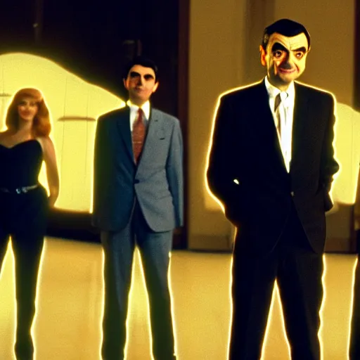 Prompt: mr. bean as one of charlies angels. movie still. cinematic lighting.