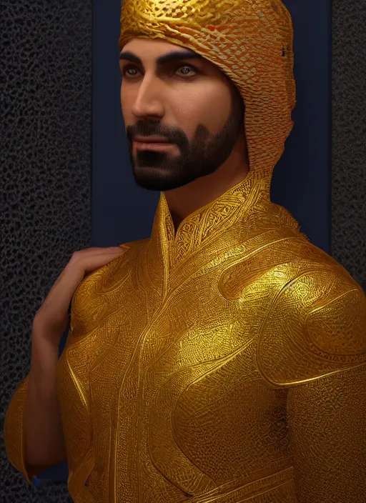 Prompt: portrait of sheikh ruler of dubai, djinn, head and torso only, cinematic lighting, studio quality, smooth render, unreal engine 5 rendered, octane rendered, art style by klimt and nixeu and ian sprigger and wlop and krenz cushart.