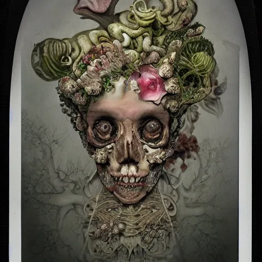 Image similar to a beautiful detailed front view baroque portrait of a rotten woman corpse with fractal plants and fractal flowers and mushrooms growing around, intricate, ornate, bones, volumetric light, beautiful lit, polaroid photography