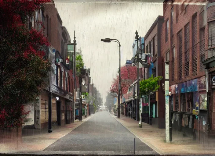 Prompt: north melbourne street, lowbrow, raining, matte painting, 3 - d highly detailed, in the style of mark ryden