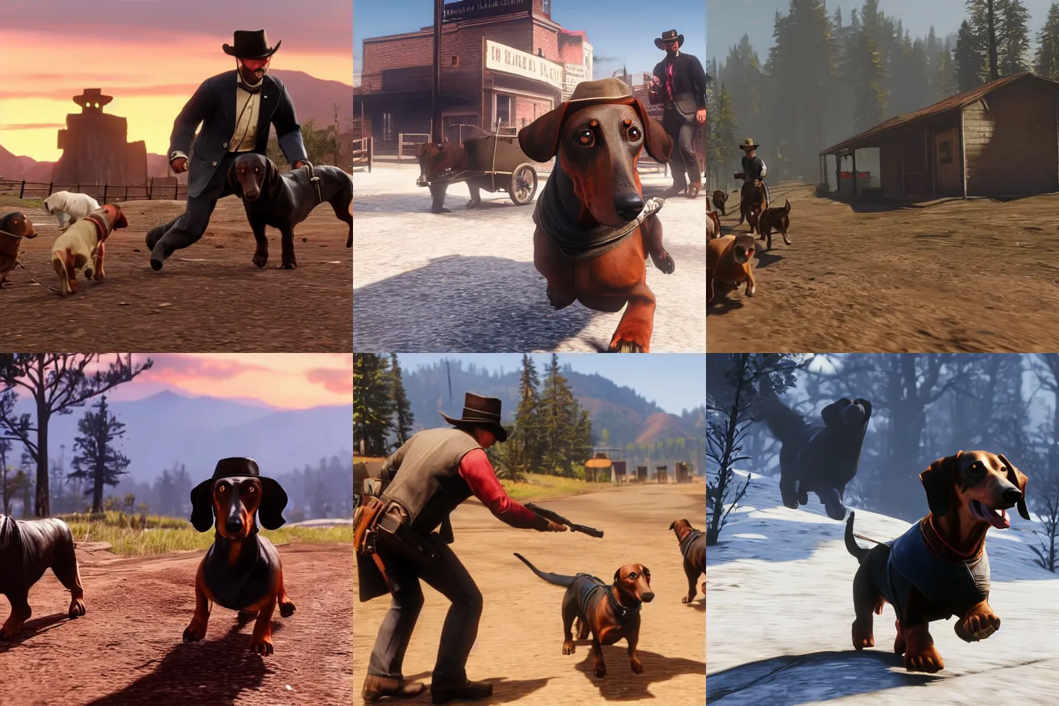 Prompt: Dachshund bank robbery in Red Dead Redemption 2