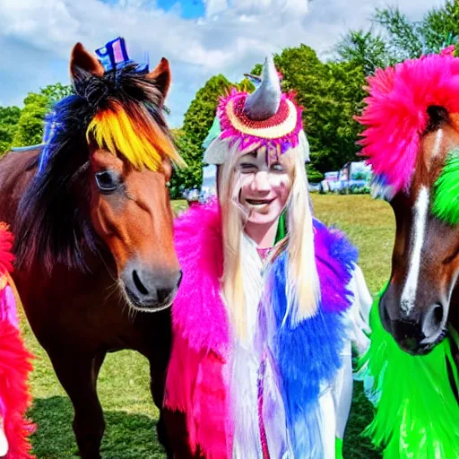 Prompt: horses dressed in festival clothes at a festival