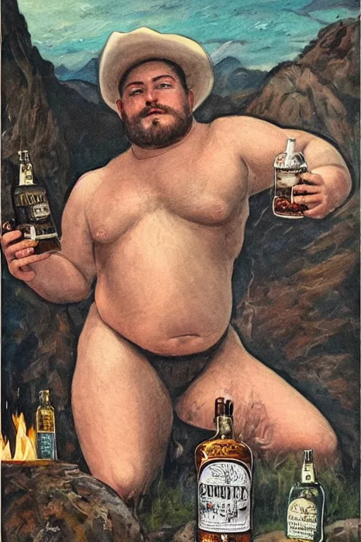 Prompt: a dramatic, epic, ethereal painting of a !!handsome!! thicc chunky beefy mischievous shirtless man with a big beer belly wearing a large belt and cowboy hat offering a whiskey bottle | he is relaxing by a campfire | background is a late night with food and jugs of whisky | homoerotic | stars, tarot card, art deco, art nouveau, intricate | by Mark Maggiori (((and Alphonse Mucha))) | trending on artstation