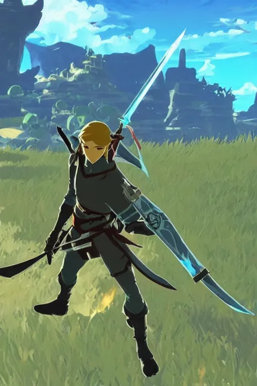 Image similar to in game footage of a ninja from the legend of zelda breath of the wild, breath of the wild art style.