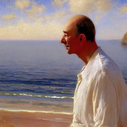 Image similar to detailed cinematic shot of jeff bezos with white clothes in the mediterranean beach, spring light, painting by gaston bussiere, craig mullins, j. c. leyendecker