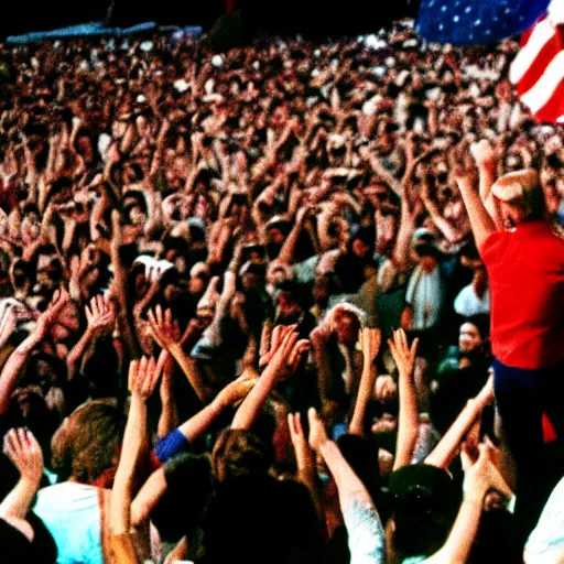 Prompt: photo of donald trump crowdsurfing at Woodstock, cinestill, 800t, 35mm, full-HD
