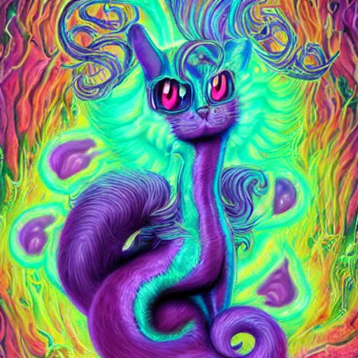 Prompt: autistic bisexual cat seahorse shapeshifter, long haired attractive androgynous humanoid, weirdcore voidpunk fursona, detailed coherent painterly complete character design, digital art by delphin enjolras, wlop, louis wain, lisa frank, furaffinity, cgsociety, trending on deviantart