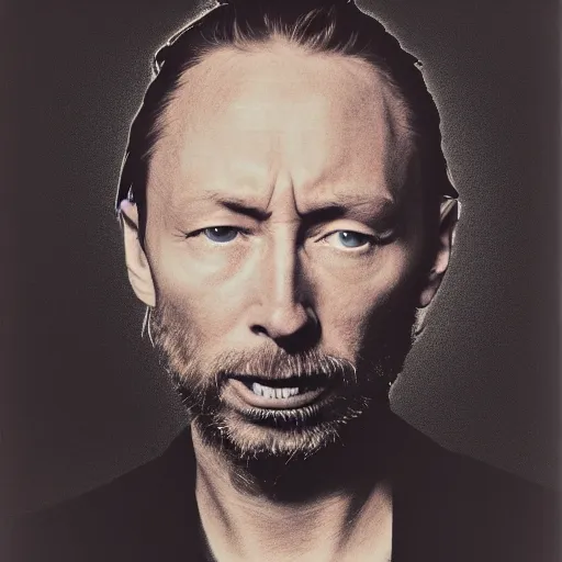 Prompt: Thom Yorke, a man with a beard and a black jacket, a portrait by John E. Berninger, dribble, neo-expressionism, uhd image, studio portrait, 1990s
