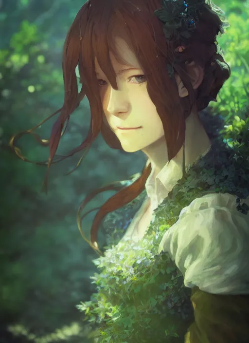 Image similar to a portrait of the emerald herald in the garden, intricate, tone mapped, ambient lighting, highly detailed, digital painting, pixiv, concept art, sharp focus, by makoto shinkai and akihiko yoshida and hidari and wlop