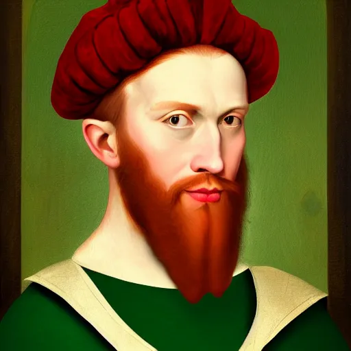 Prompt: a renaissance style portrait painting of a funny looking red haired man, wearing a crown and green cape, dark background. trending on artstation.