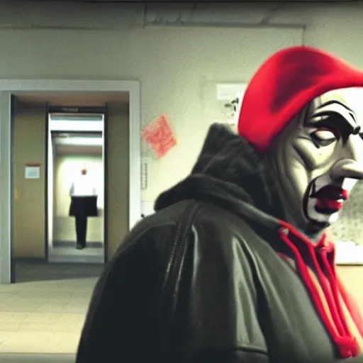 Image similar to grainy film still of niko bellic and a man wearing a red hoodie and a plastic clown mask from the dark knight returns's bank robbery scene, photorealistic