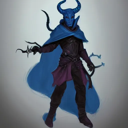 Image similar to D&D character concept art of a cloaked tiefling, tiefling rogue, blue skin color with short horns and a devil tail, fighting pose of a Rogue holding daggers, black cloak hidden in shadows, full body pose, soft colors, fantasy, intricate, elegant, highly detailed, digital painting, artstation, concept art, smooth, perfect face, sharp focus, illustration, wide angle shot, full body visible, art by artgerm and H R Giger and alphonse mucha