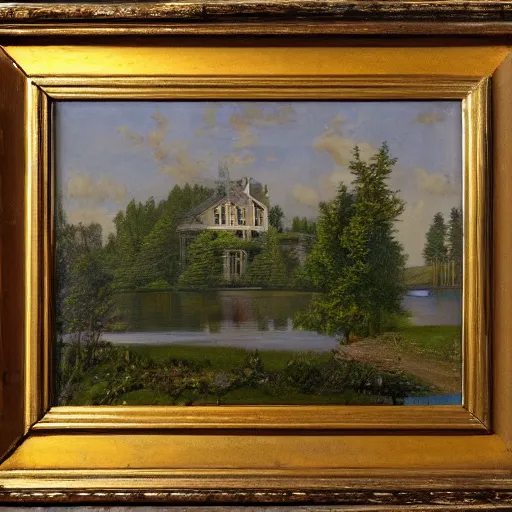 Prompt: Victorian mansion in the woods of Maine, a lake beside it, felix Kelly