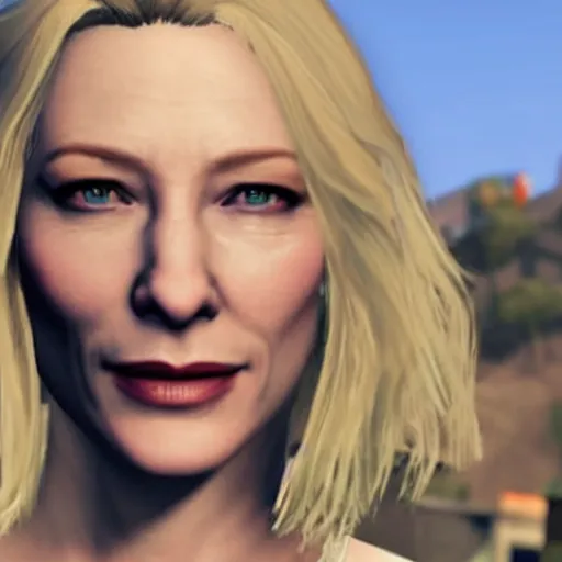 Image similar to cate blanchett in grand theft auto V, gaming, detailed, 4k