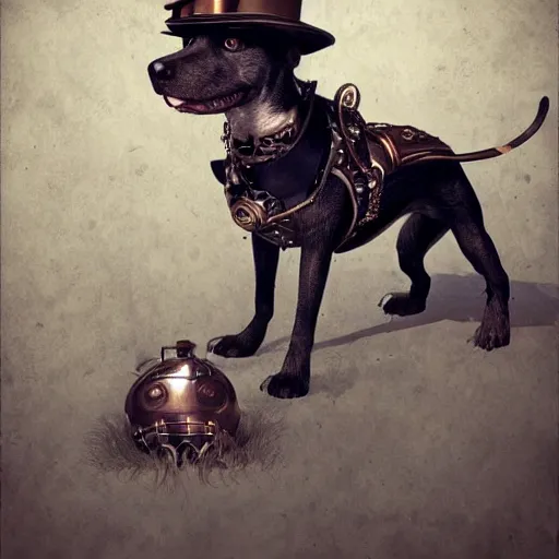 Image similar to poddle dog dressed with inspirations from steampunk style, high detailed, digital art, trending on artstation, devianart, cgsociety