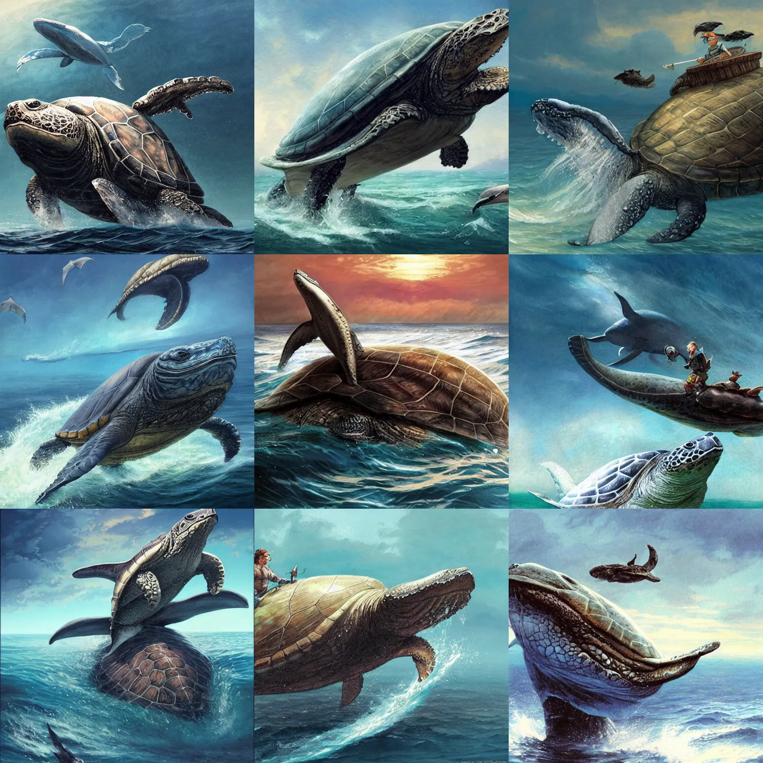 Prompt: a anthropomorphic turtle riding a whale in the sea by Greg Rutkowski and Greg staples,