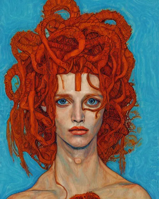 Image similar to portrait of orange medusa by greg rutkowski in the style of egon schiele