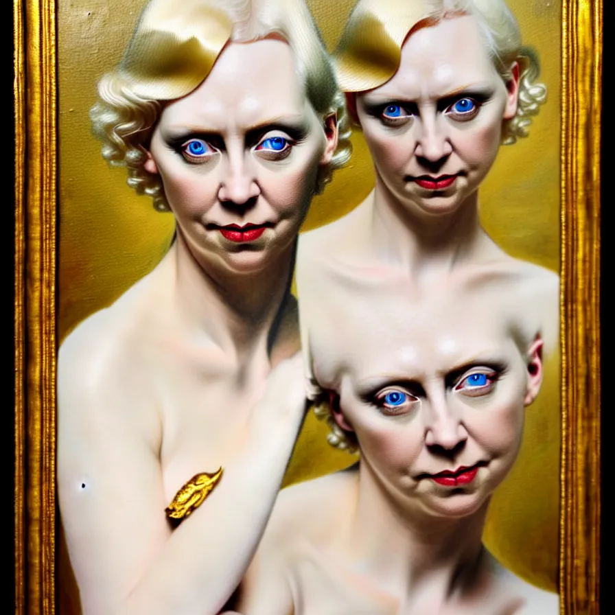 Image similar to exquisite oil painting on canvas of gwendoline christie portraying lucifer, woman's portrait, gorgeous face, goldilocks, porcelain looking skin, intense gaze golden eyes, unique and intricate painting, stunning ivory dress, elegant, majestic, 4 k, ultra high quality, canon, hyperrealist, by annie leibovitz