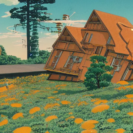 Prompt: hypermaximalist, golden ratio, by studio ghibli, significant mass loss of a house, field painting hard