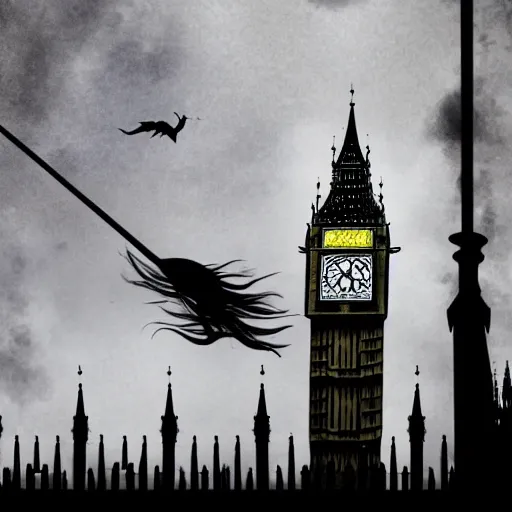 Image similar to A witch flying high in the sky using her broom stick,the Big Ben is in background, top down perspective,gloomy lighting,creepy atmosphere,digital art , highly detailed , high contrast, beautiful lighting, award winning , trending on art station, 8k, photo realistic