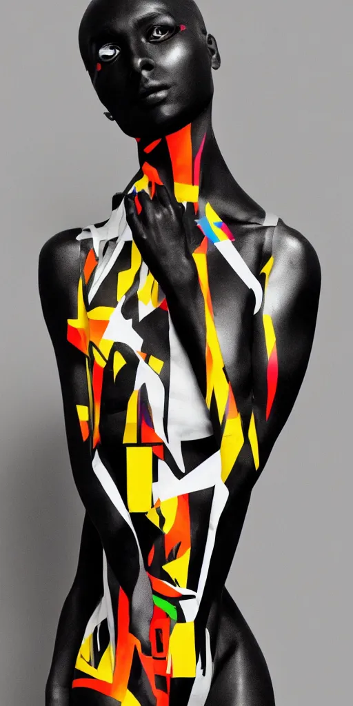 Image similar to extremely beautiful female black marble statue in the style of virgil abloh, colorful motocross logos behind her, sharp focus, clear, detailed,, cinematic, detailed, off white, glamourous, symmetrical, vogue, editorial, fashion, magazine shoot, glossy