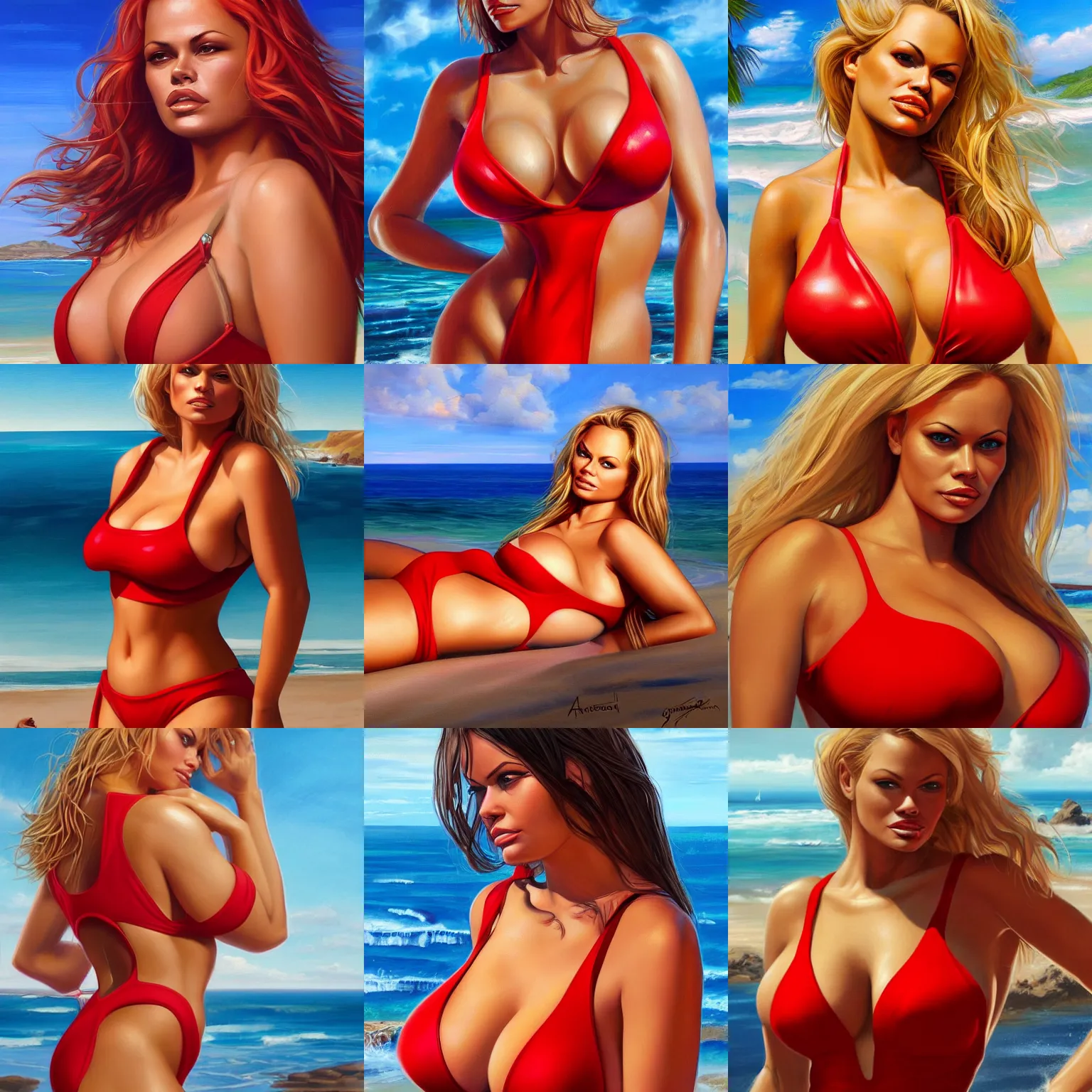 Prompt: close up portrait of young curvy pamela anderson in red swimsuit on a beach, neoclassicist painting, by artgerm, highly detailed art, artstation