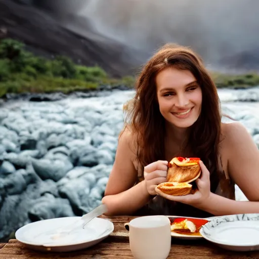 Image similar to a DSLR of a woman having breakfast next to a river of Lava, 4K