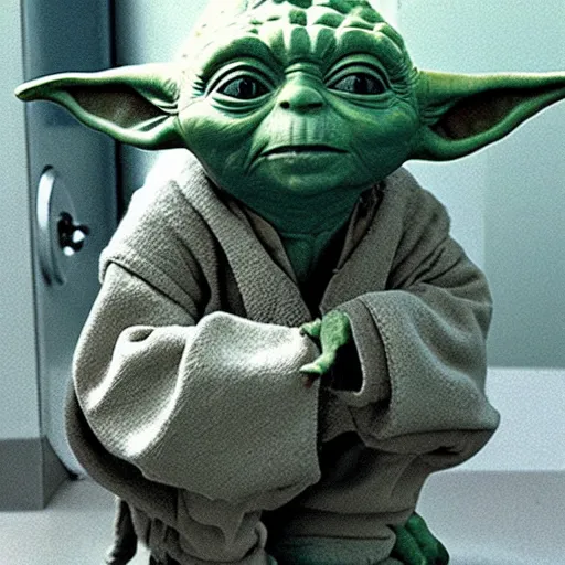 Image similar to yoda sitting on toilet