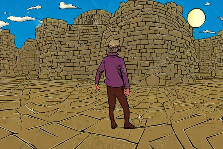 Image similar to a baffled man standing watching over a land outside of time and space with floating sands and flying beasts with a Fort ruins in the middle, water tunnels below, comic book style