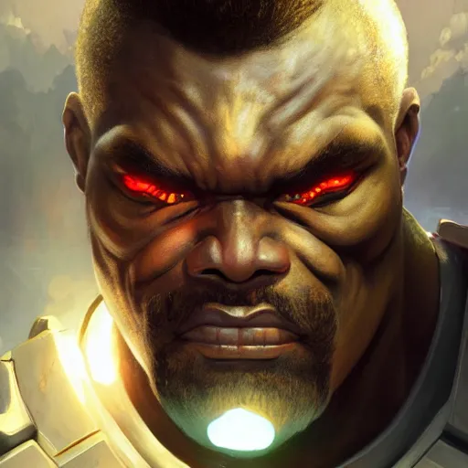 Image similar to science-fiction utopian character portrait of a huge muscular menacing Doomfist from Overwatch, white face paint, intricate, wild, highly detailed, digital painting, artstation, upper body, concept art, smooth, sharp focus, illustration, art by artgerm and greg rutkowski and alphonse mucha