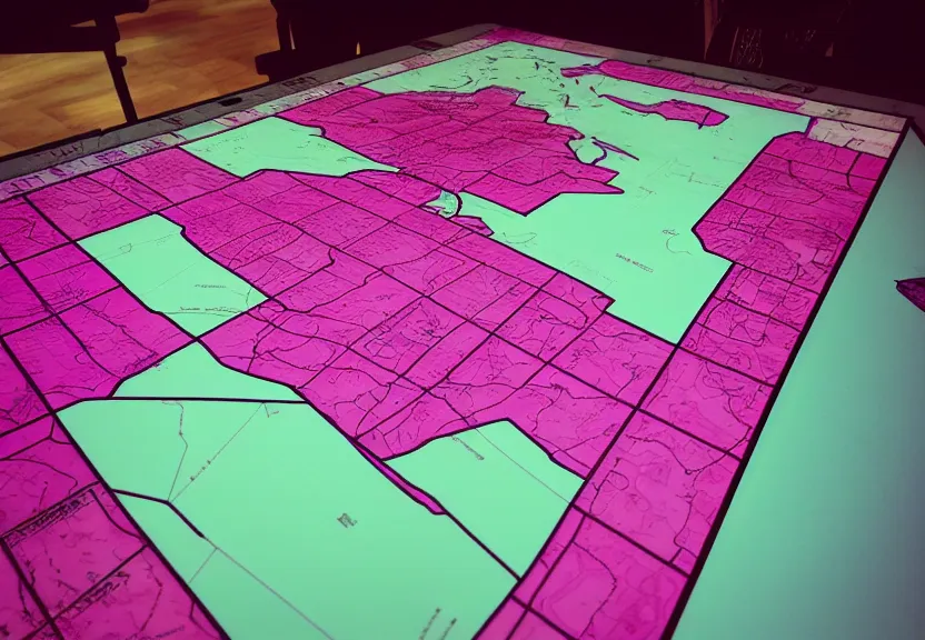 Image similar to “magenta theme, war tactic table with a map on it, unfinished borders, 4k, 3D, view from the side”