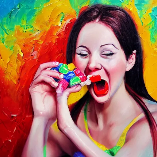 Prompt: An adorable happy woman chews on a candy as a colorful liquid flows from her mouth. Detailed oil painting.