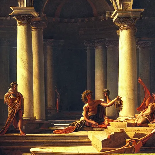 Image similar to Homeric mesmerizing inner sanctum of the most venerable and beautiful truth, in the style of Jeff Easley, Jacques-Louis David, Howard Lyon, Ken Kelly, Élisabeth Vigée Le Brun, dramatic lighting, establishing shot, detailed and clear beautiful realistic faces, 8k resolution – W 1024