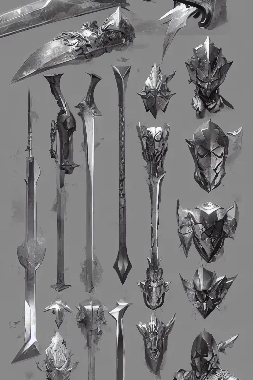 Image similar to item concept art on grey background of metallic shadow axe sword and armor by artgerm and Craig Mullins, James Jean, Andrey Ryabovichev, Mark Simonetti and Peter Morbacher 16k