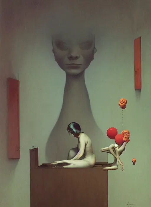 Prompt: She is overwhelmed by on demand creativity she searches for meaning as the world changes too fast to think, Edward Hopper and James Gilleard, Zdzislaw Beksinski, Mark Ryden, Wolfgang Lettl highly detailed