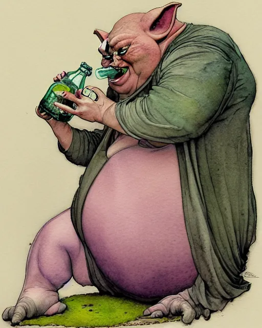 Image similar to a realistic and atmospheric watercolour fantasy character concept art portrait of a fat dirty yoda drinking out of a bottle with pink eyes wearing a wife beater. by rebecca guay, michael kaluta, charles vess and jean moebius giraud